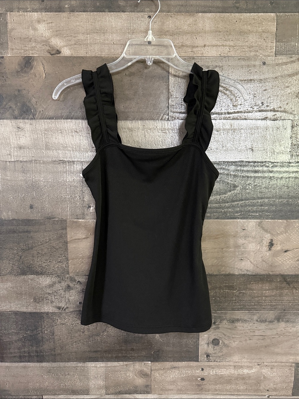 Black Ribbed Tank with Ruffle Straps